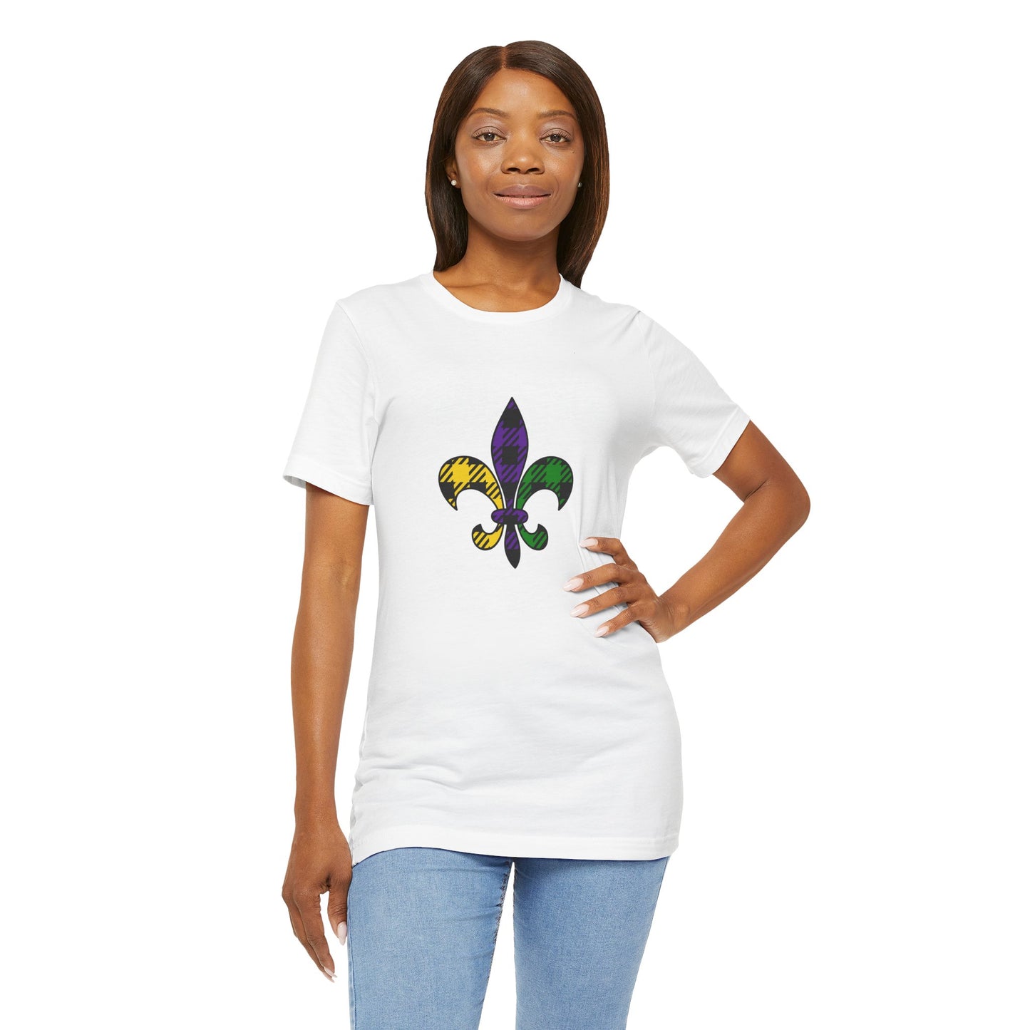 Mardi Gras Unisex Jersey Tee - Mardi Gras - Flannel Fleur De Lis - Colorful Fleur-de-Lis Design