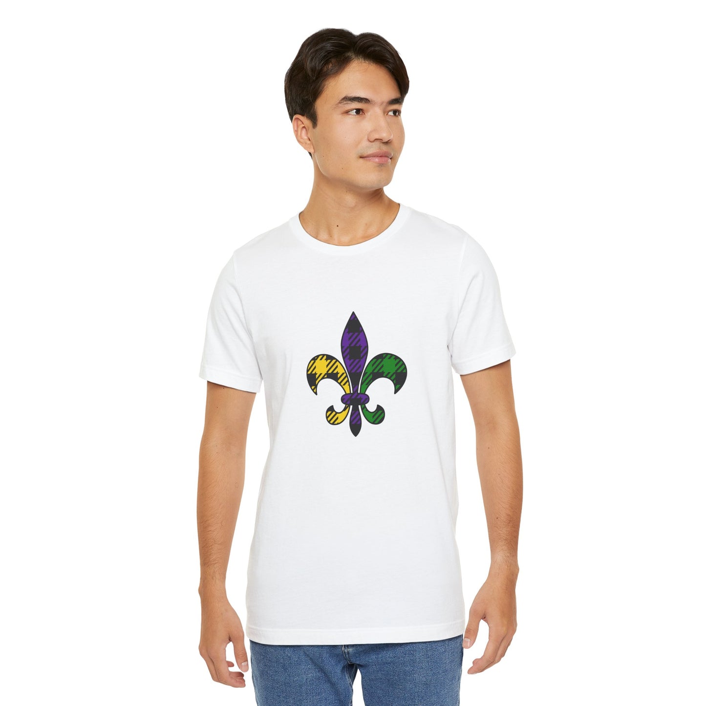 Mardi Gras Unisex Jersey Tee - Mardi Gras - Flannel Fleur De Lis - Colorful Fleur-de-Lis Design